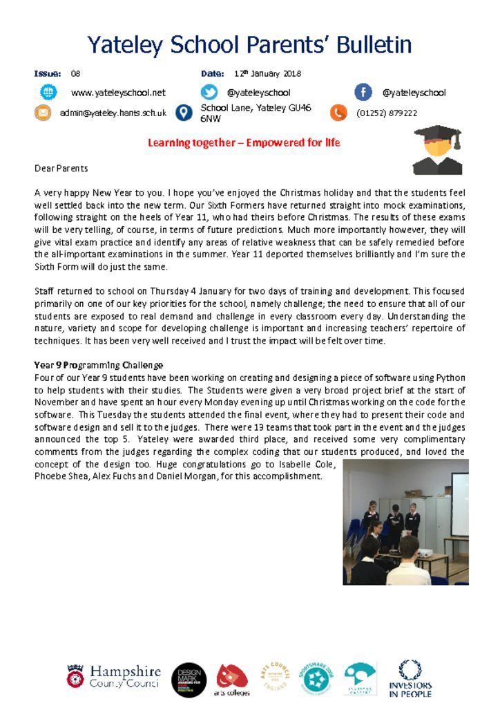 thumbnail of Yateley School Newsletter 08 12-01-18