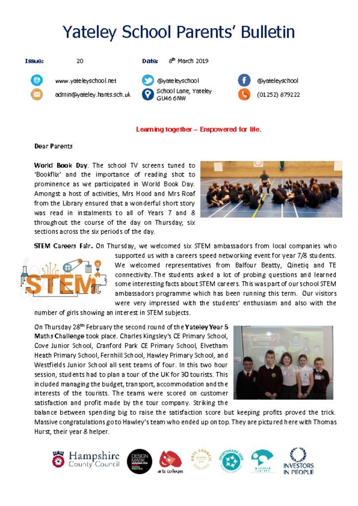 thumbnail of Yateley School Newsletter 20 08-03-19