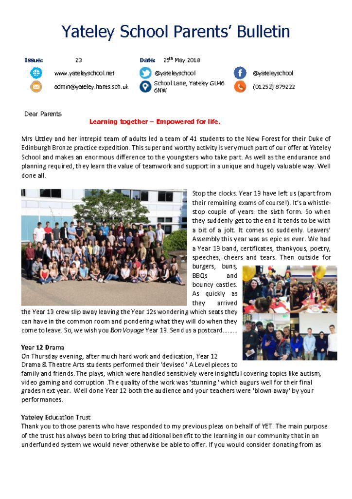 thumbnail of Yateley School Newsletter 23 25-05-18
