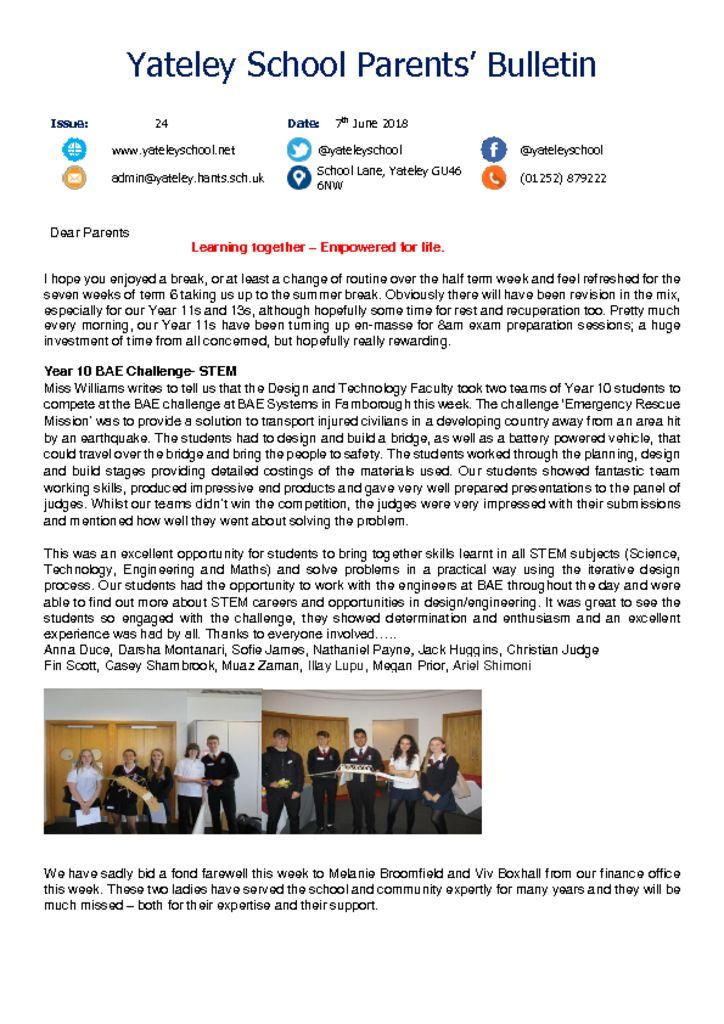 thumbnail of Yateley School Newsletter 25 08-06-18