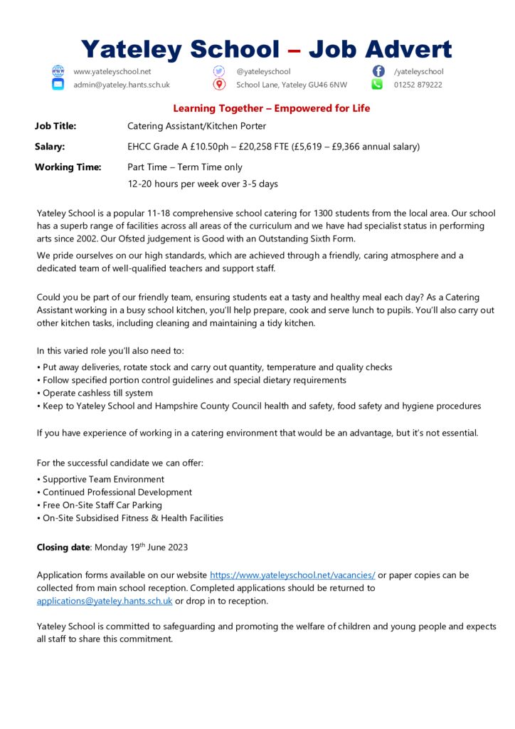 thumbnail of Advert Catering Assistant June2023