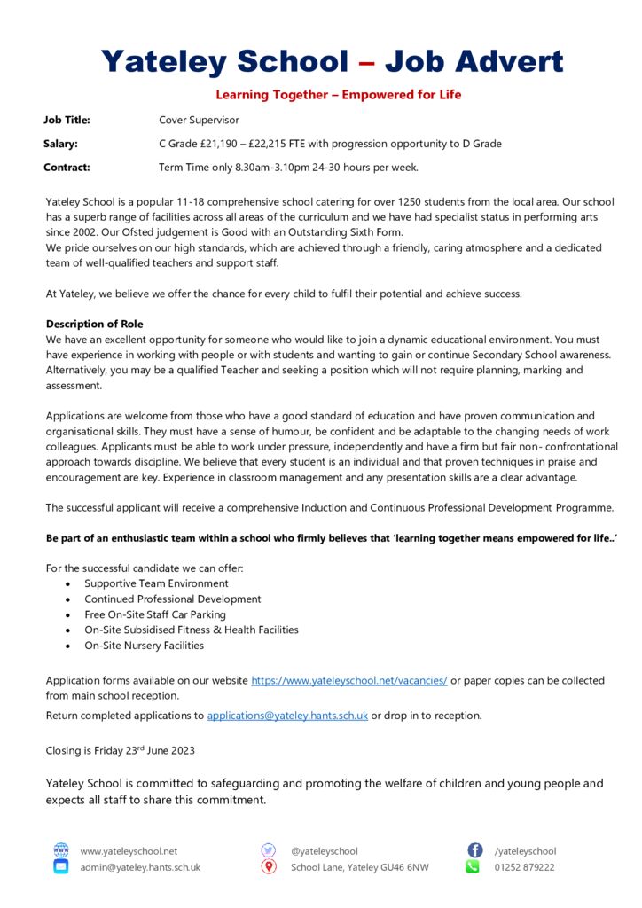 thumbnail of Advert – Cover Supervisor June 2023