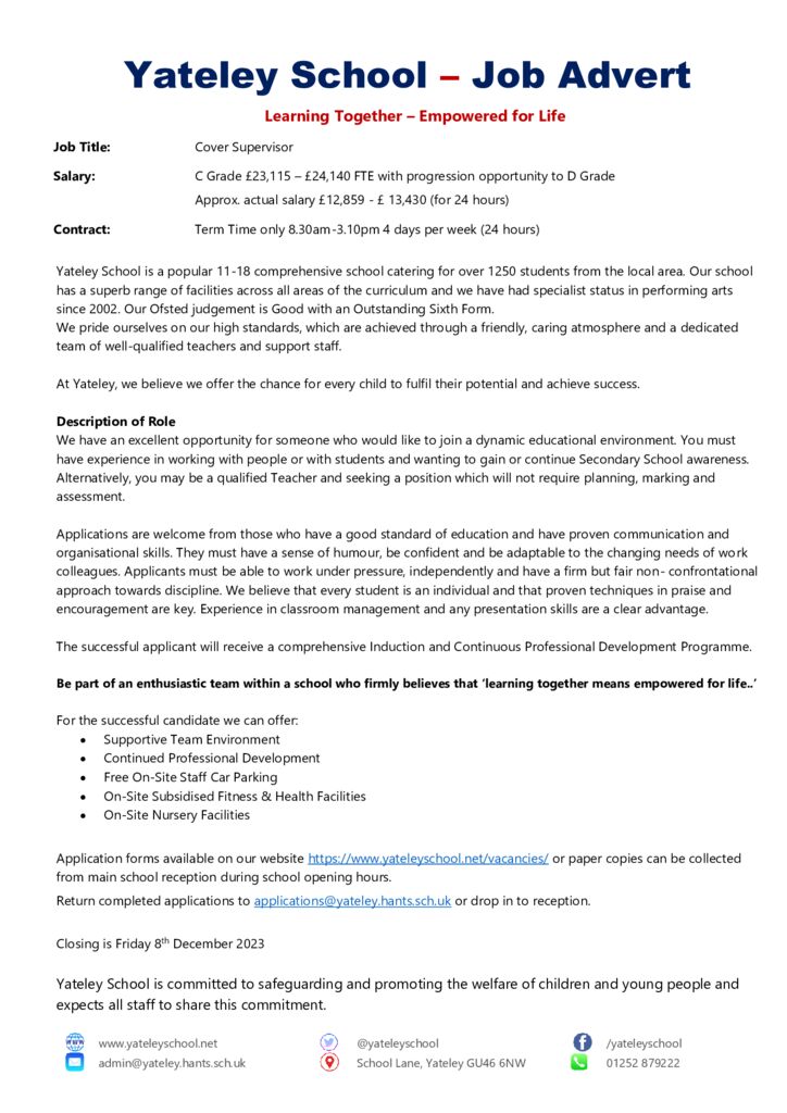thumbnail of Advert – Cover Supervisor Nov 2023