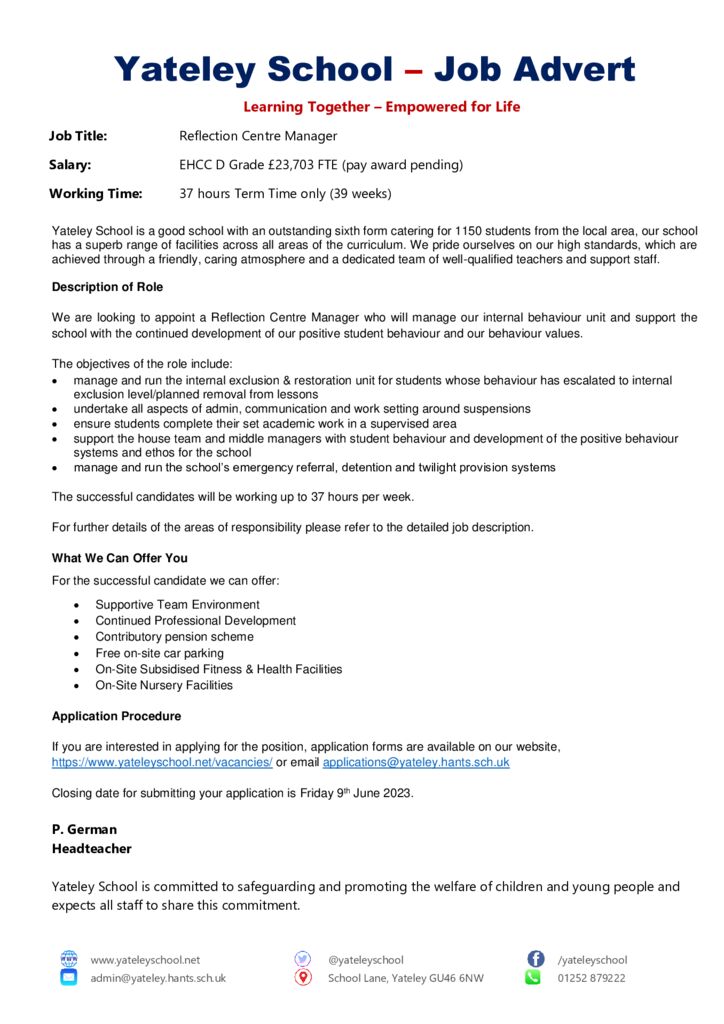 thumbnail of Advert – Reflection Centre Manager closing 12 June 2023