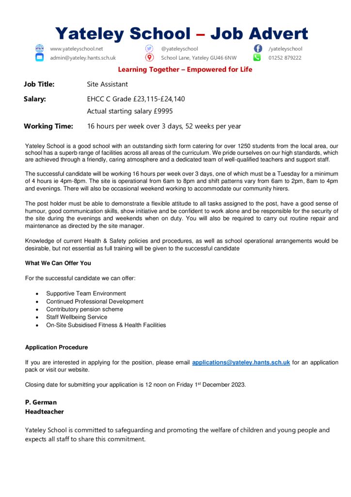 thumbnail of Advert – Site Assistants Nov 2023