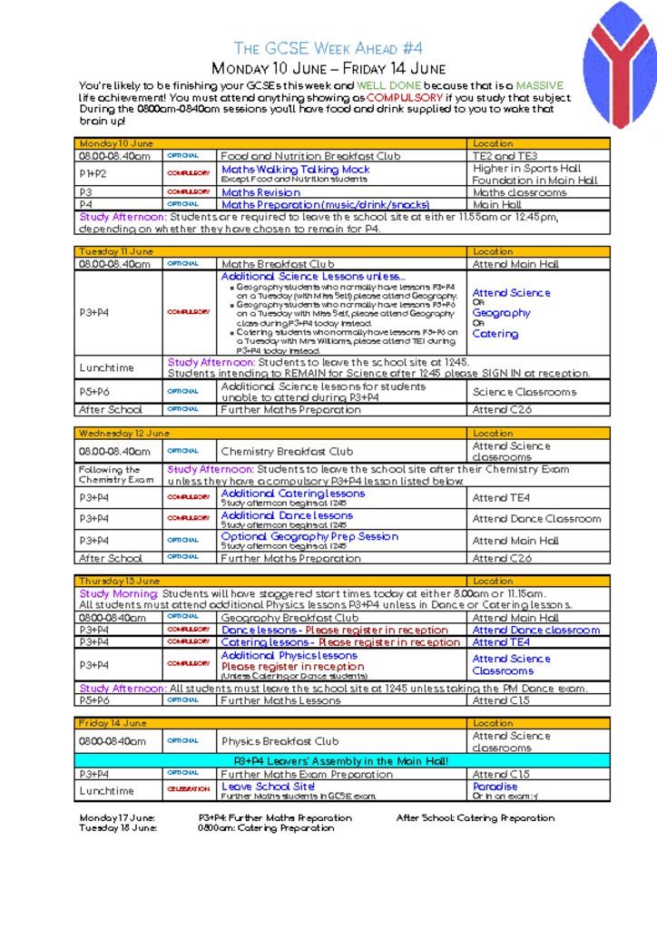 thumbnail of GCSE Week ahead – Monday 10 June – Friday 14 June