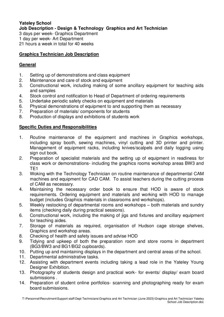 thumbnail of Graphics and Art Technician Yateley School Job Description