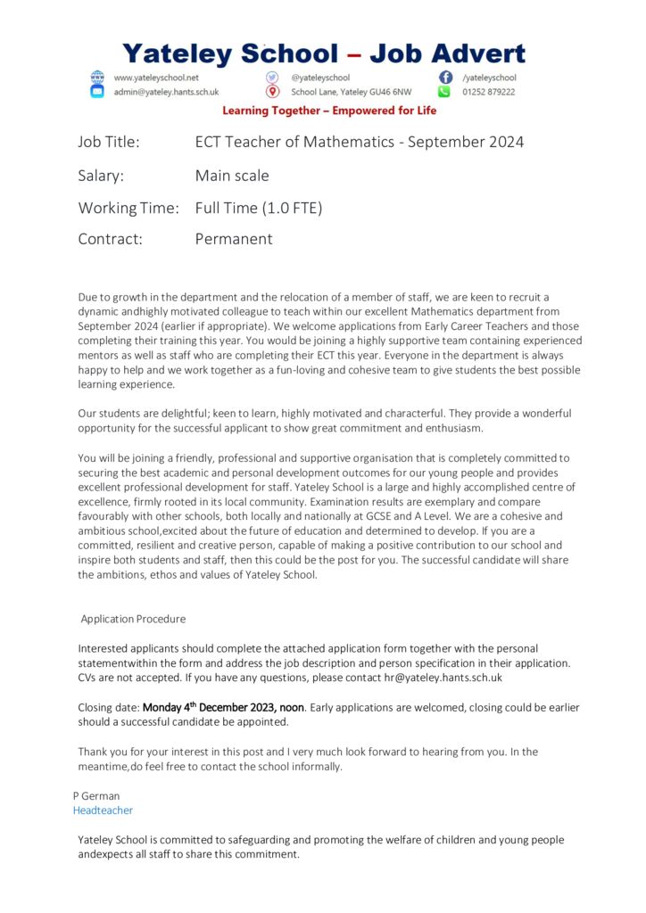 thumbnail of Mathematics Advert for ECT September – pgce-ect