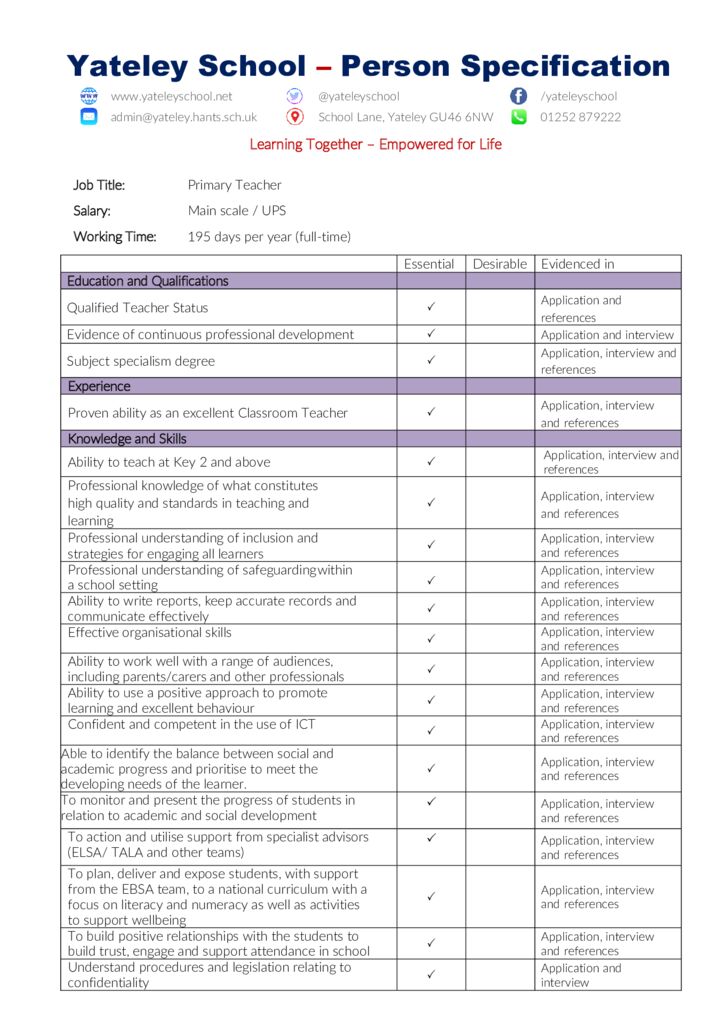 thumbnail of Primary Teacher – Person Specification – May 2024 v2