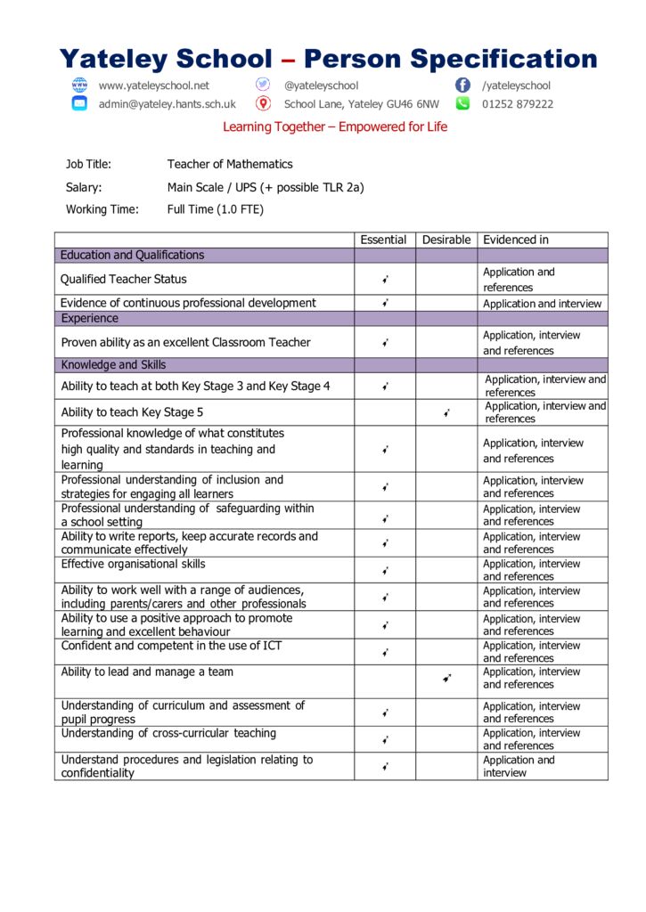 thumbnail of Teacher of Mathematics – Person Specification – Nov 23