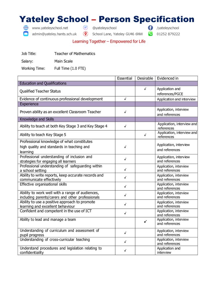 thumbnail of Teacher of Mathematics – Person Specification for Sept 24