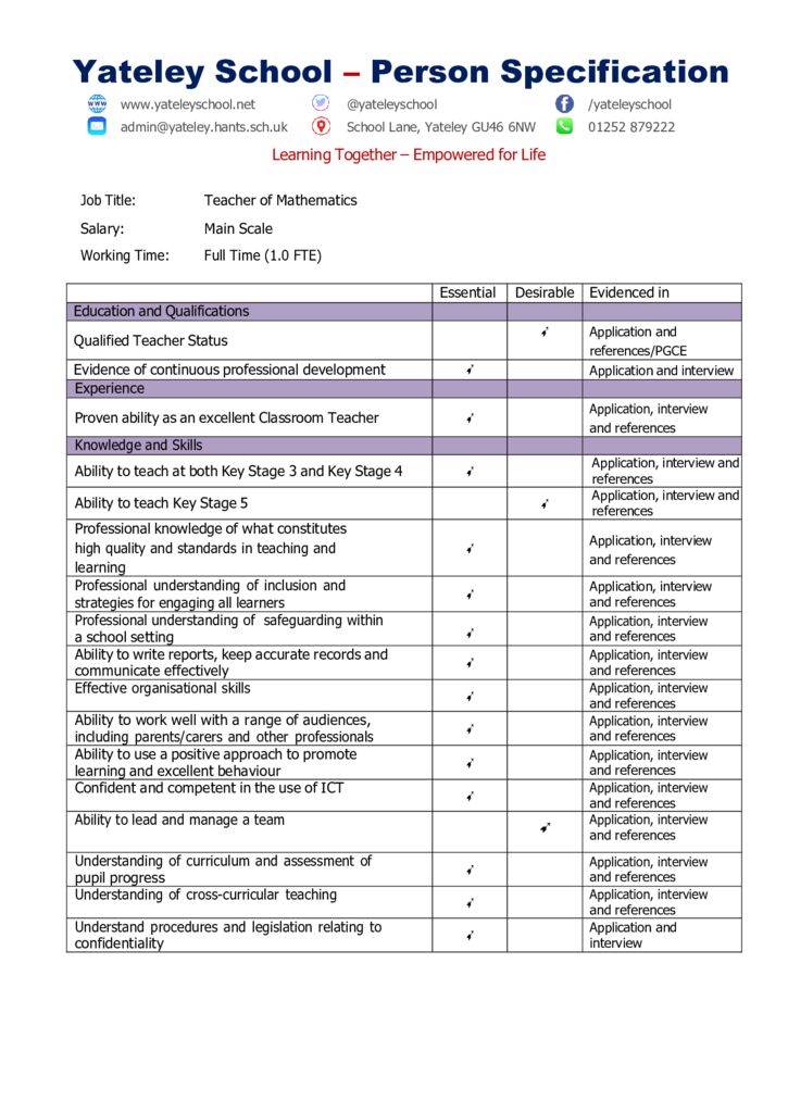 thumbnail of Teacher of Mathematics – Person Specification for Sept 24