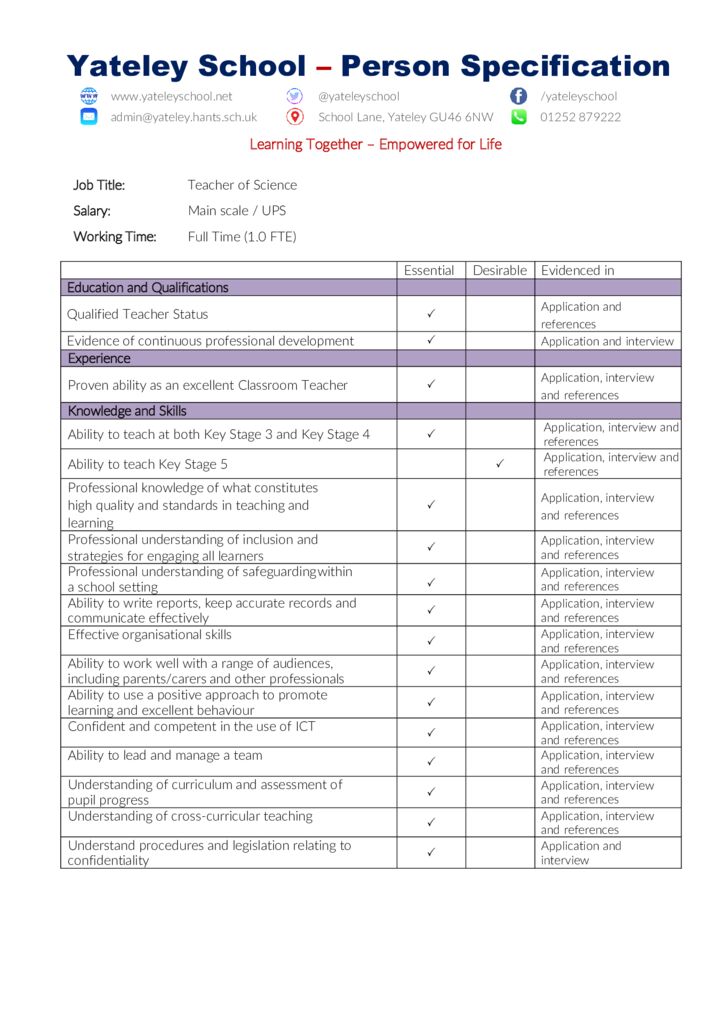 thumbnail of Teacher of Science – Person Specification – May 2023