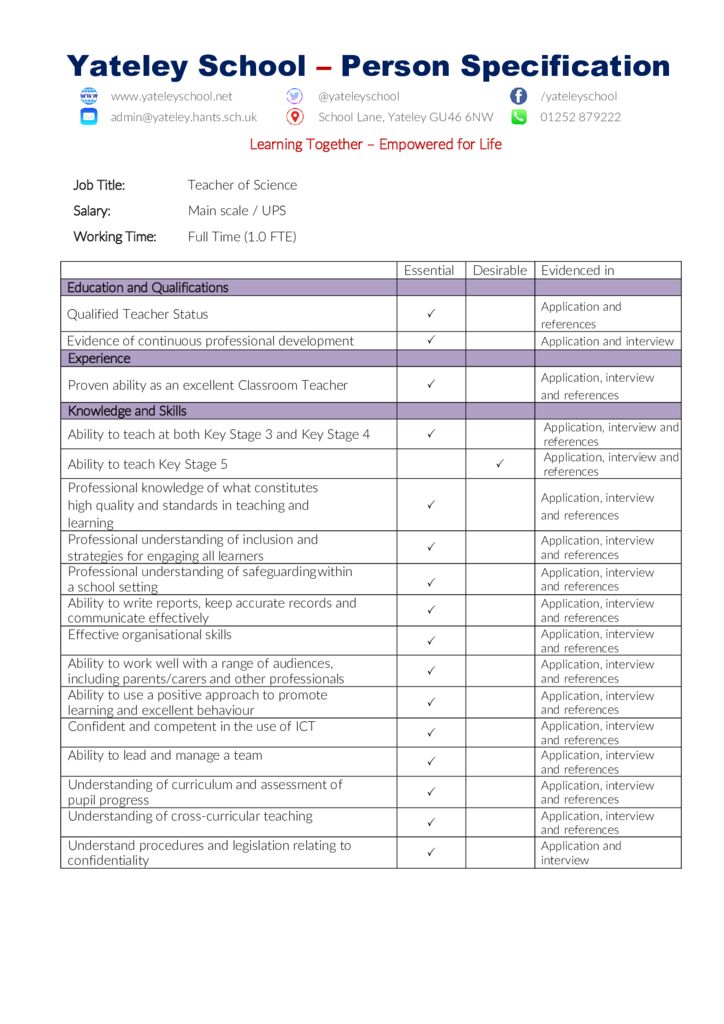 thumbnail of Teacher of Science – Person Specification – May 2023