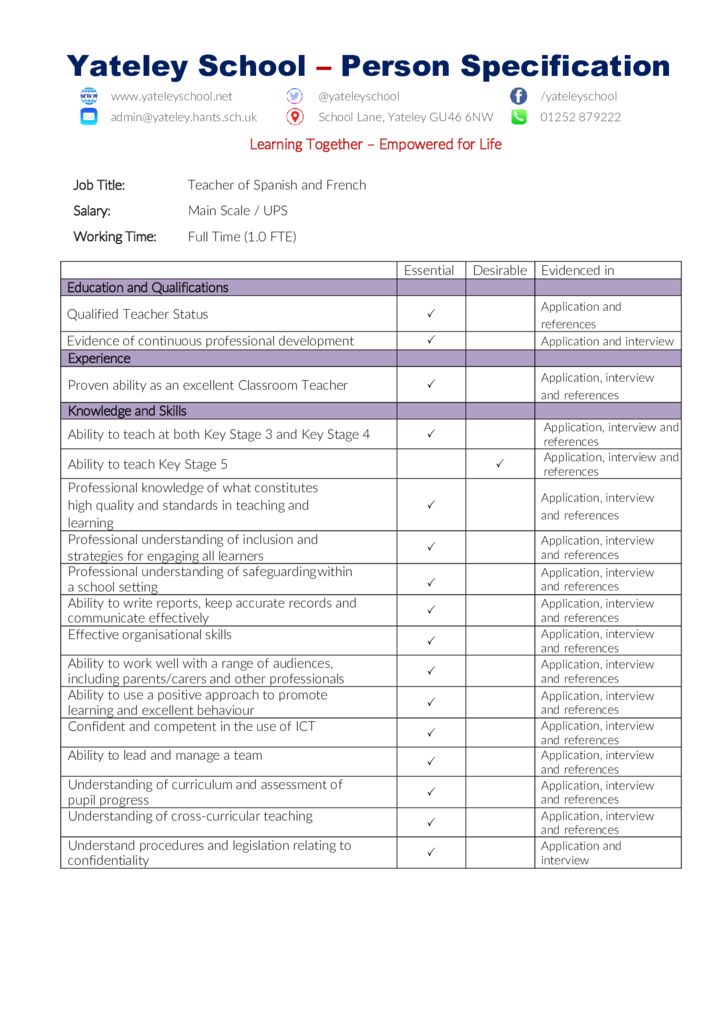 thumbnail of Teacher of Spanish and French – Person Specification – May 23