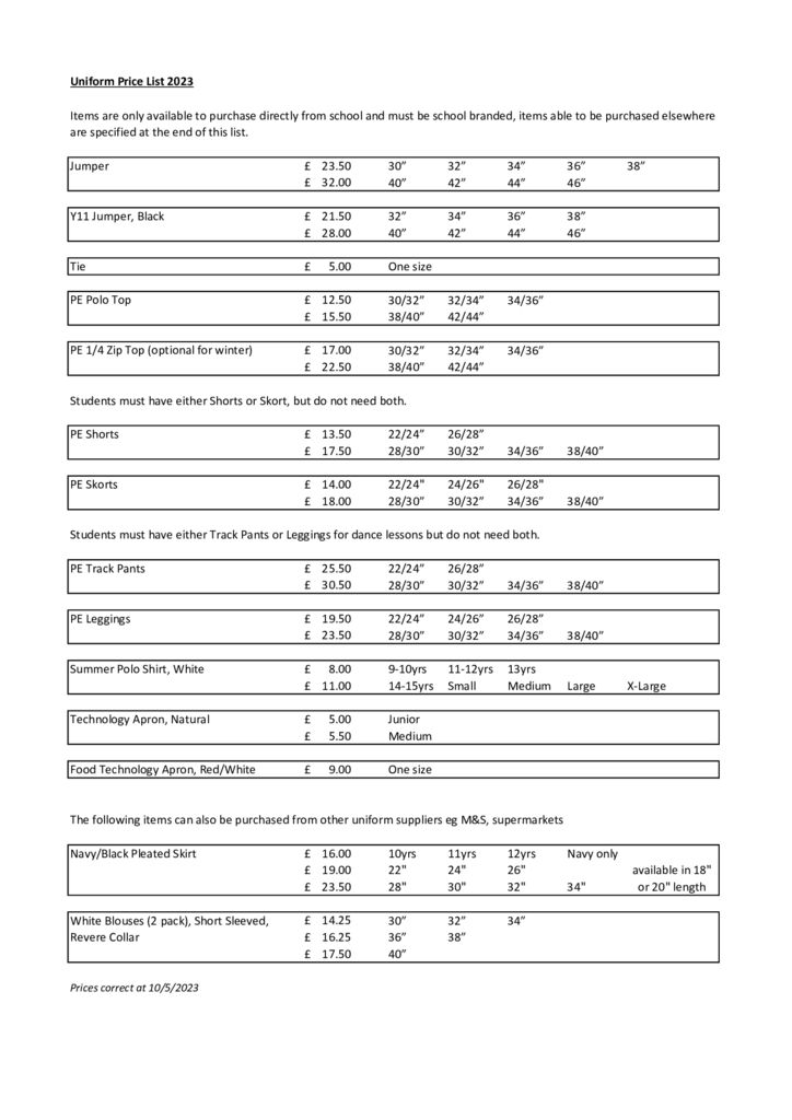 thumbnail of Uniform Size and Price List 10.5.23