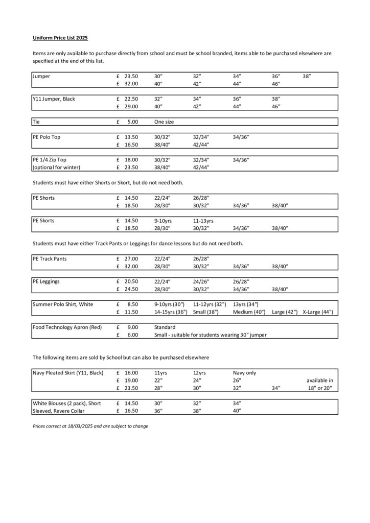 thumbnail of Uniform Size and Price List 18.3.25