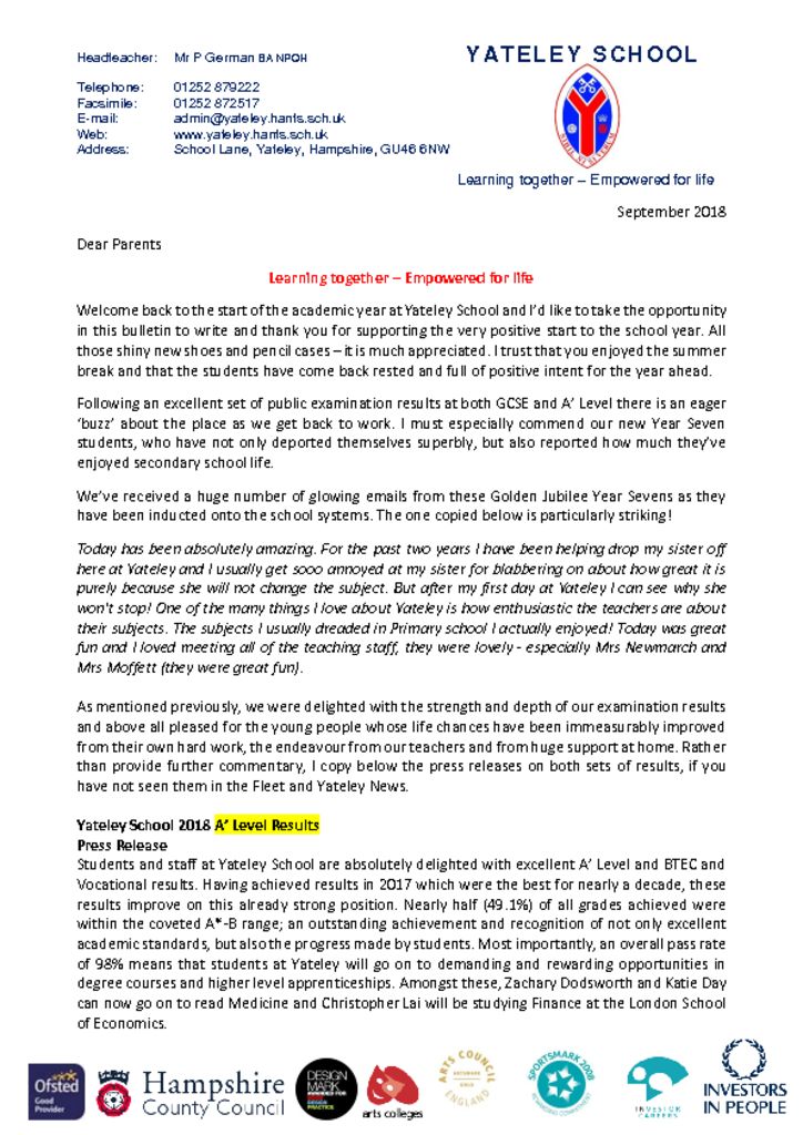 welcome back letter parents sept 18 yateley school welcome back to school letter to parents