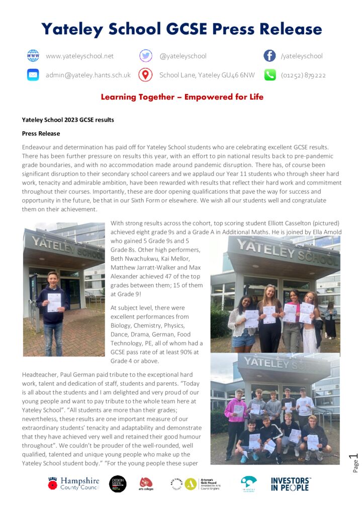 thumbnail of Yateley School 2023 GCSE results press release