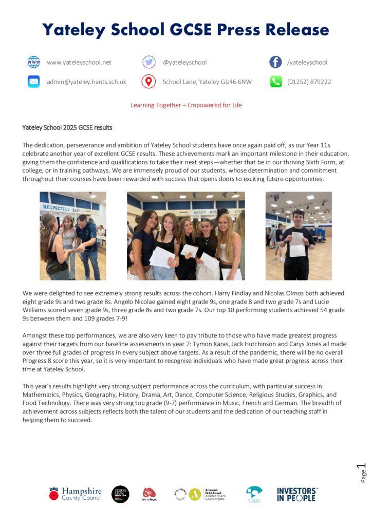 thumbnail of Yateley School 2025 GCSE results press release.V2