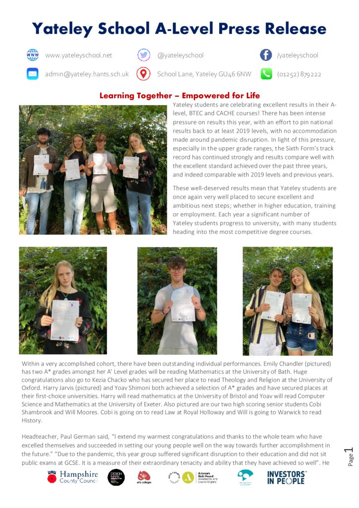 thumbnail of Yateley School A-Level Press Release