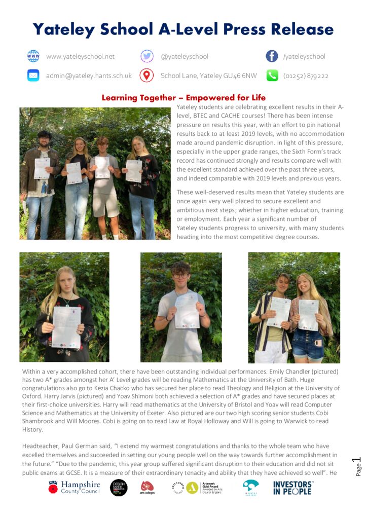 thumbnail of Yateley School A-Level Press Release