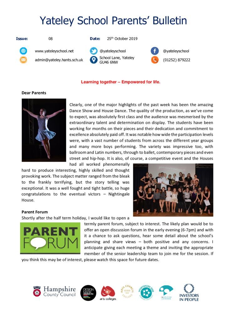 thumbnail of Yateley School Newsletter 08 25-10-19