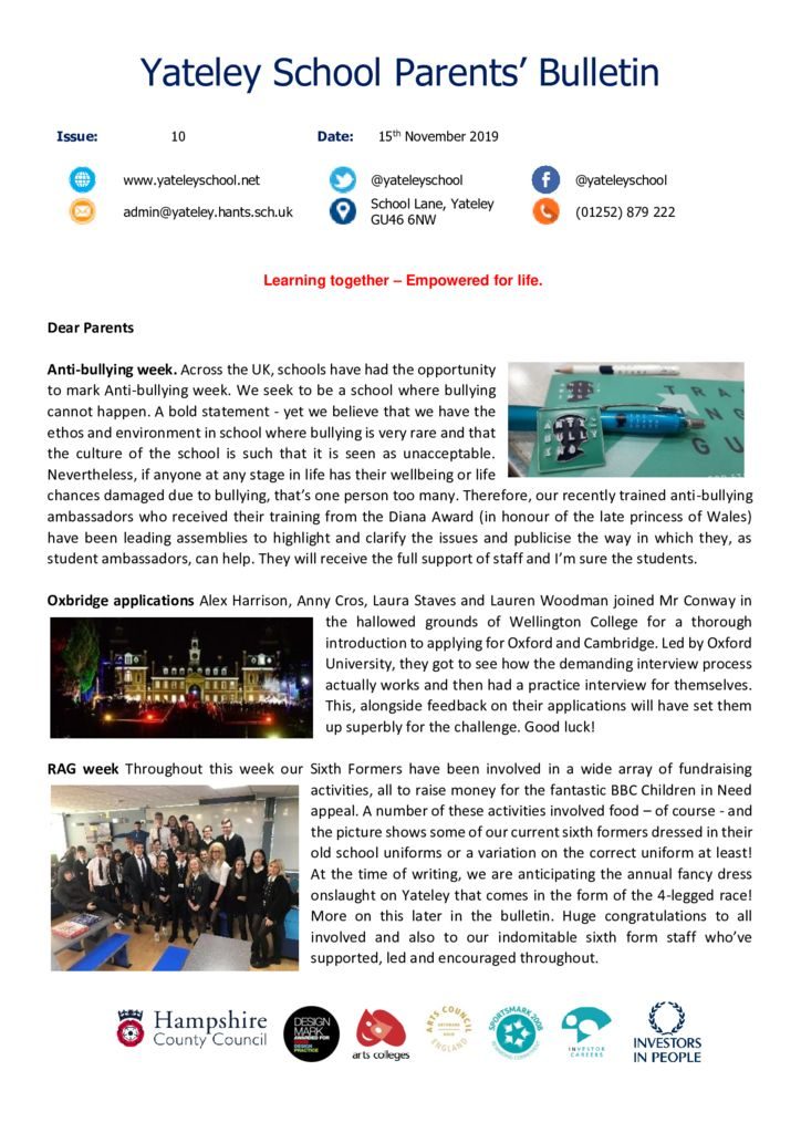 thumbnail of Yateley School Newsletter 10 15-11-19