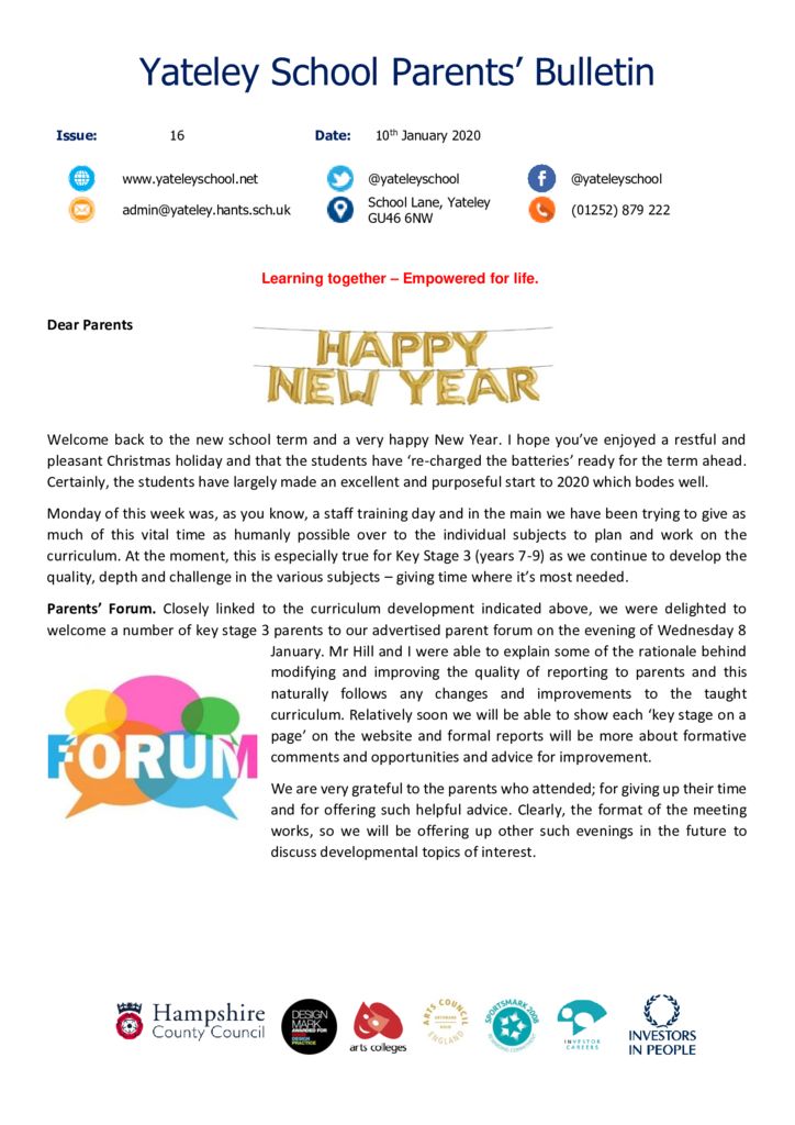 thumbnail of Yateley School Newsletter 16 10-01-20