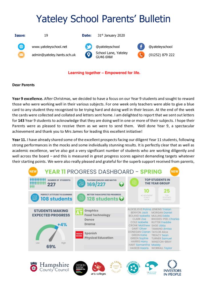 thumbnail of Yateley School Newsletter 19 31-01-20