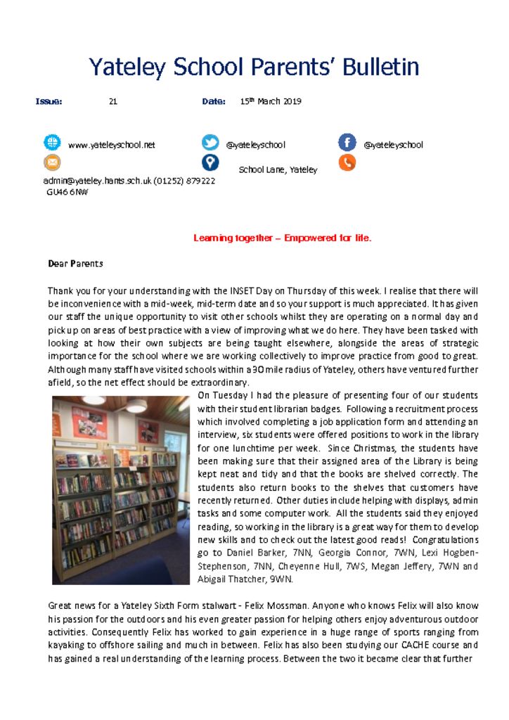 Yateley School Newsletter 21 150319 Yateley School