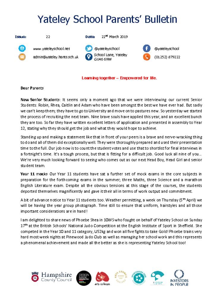 thumbnail of Yateley School Newsletter 22 22-03-19