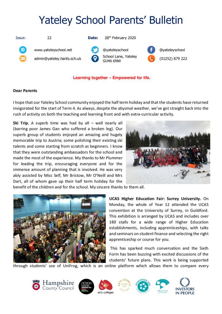 thumbnail of Yateley School Newsletter 22 28-02-20