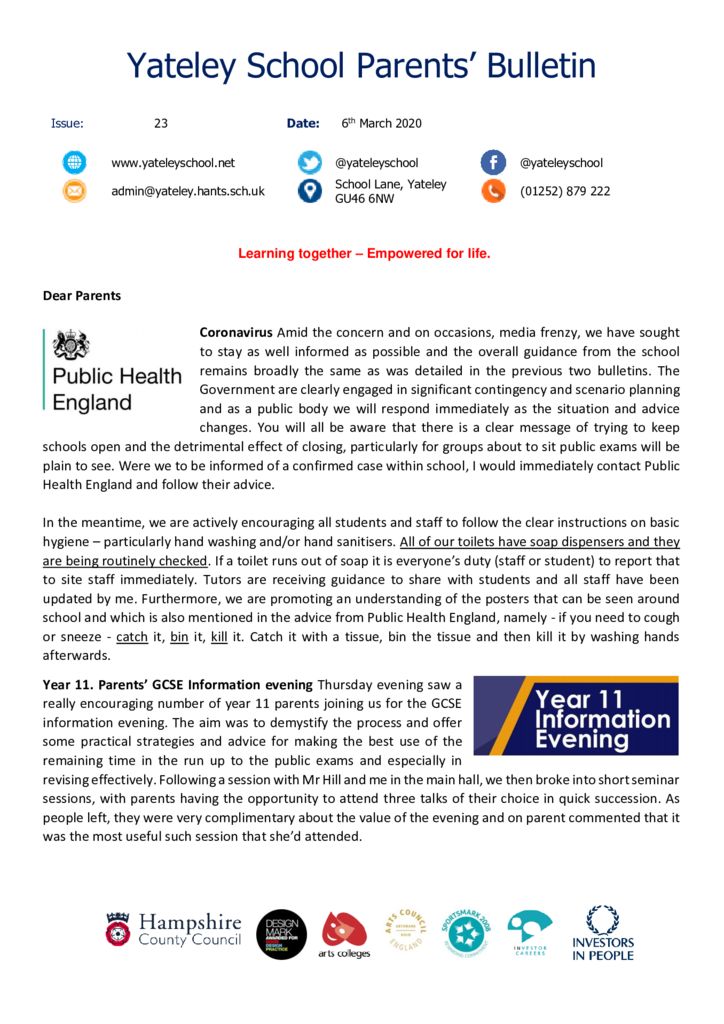 thumbnail of Yateley School Newsletter 23 06-03-20