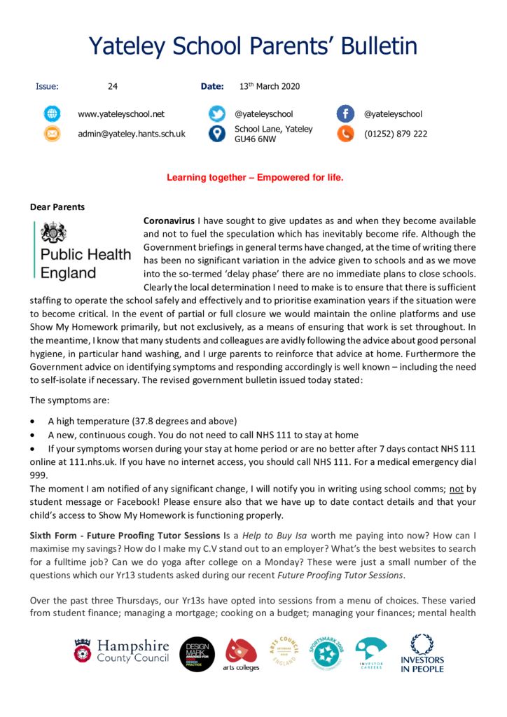 thumbnail of Yateley School Newsletter 24 13-03-20