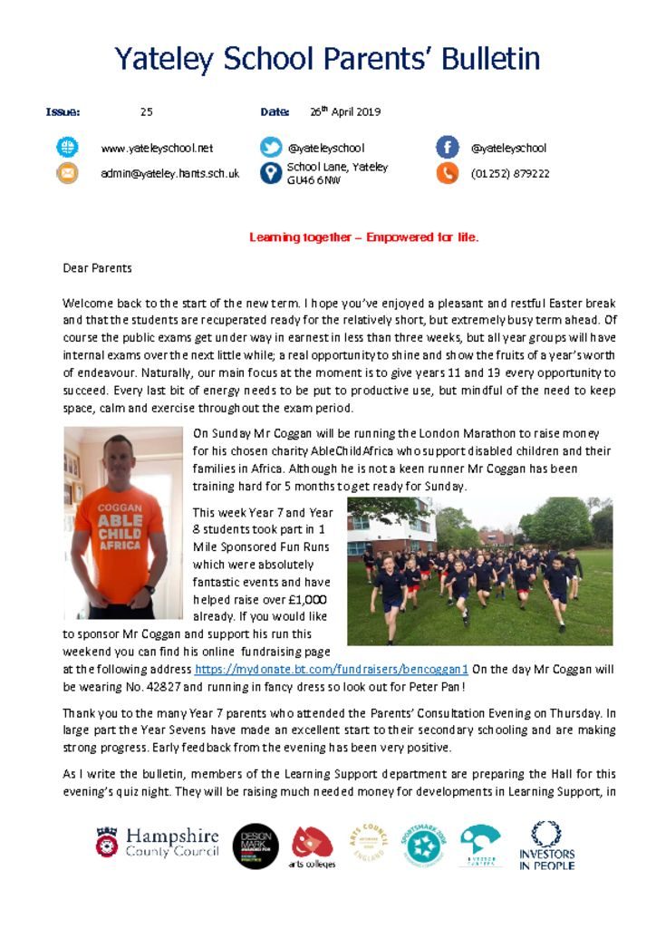 thumbnail of Yateley School Newsletter 25 26-04-19