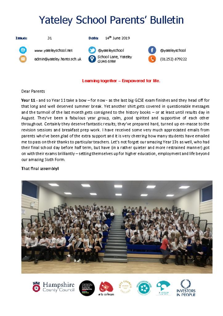 thumbnail of Yateley School Newsletter 31 14-06-19