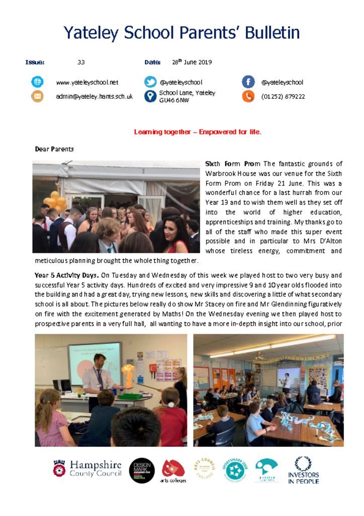 thumbnail of Yateley School Newsletter 33 28-06-19