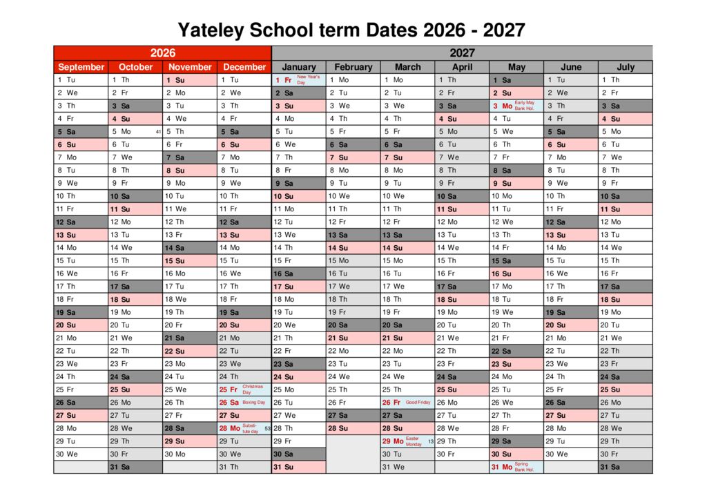thumbnail of Yateley School Term dates Calendar 2026-2027