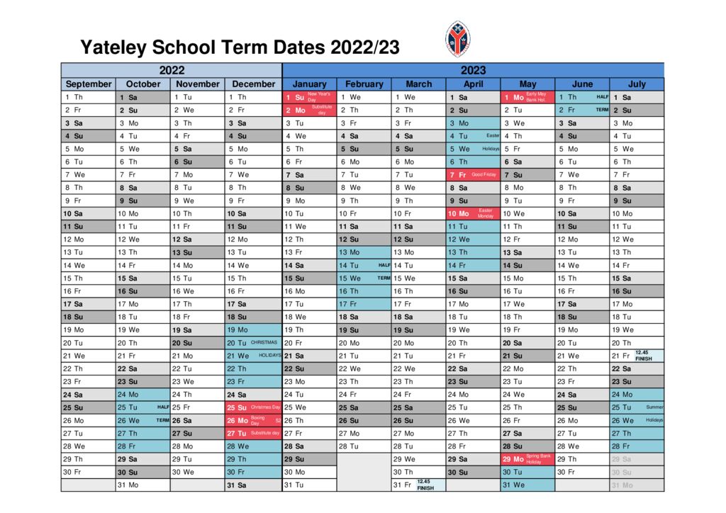 Hampshire Academic Calendar 2023 Term Dates - Yateley School